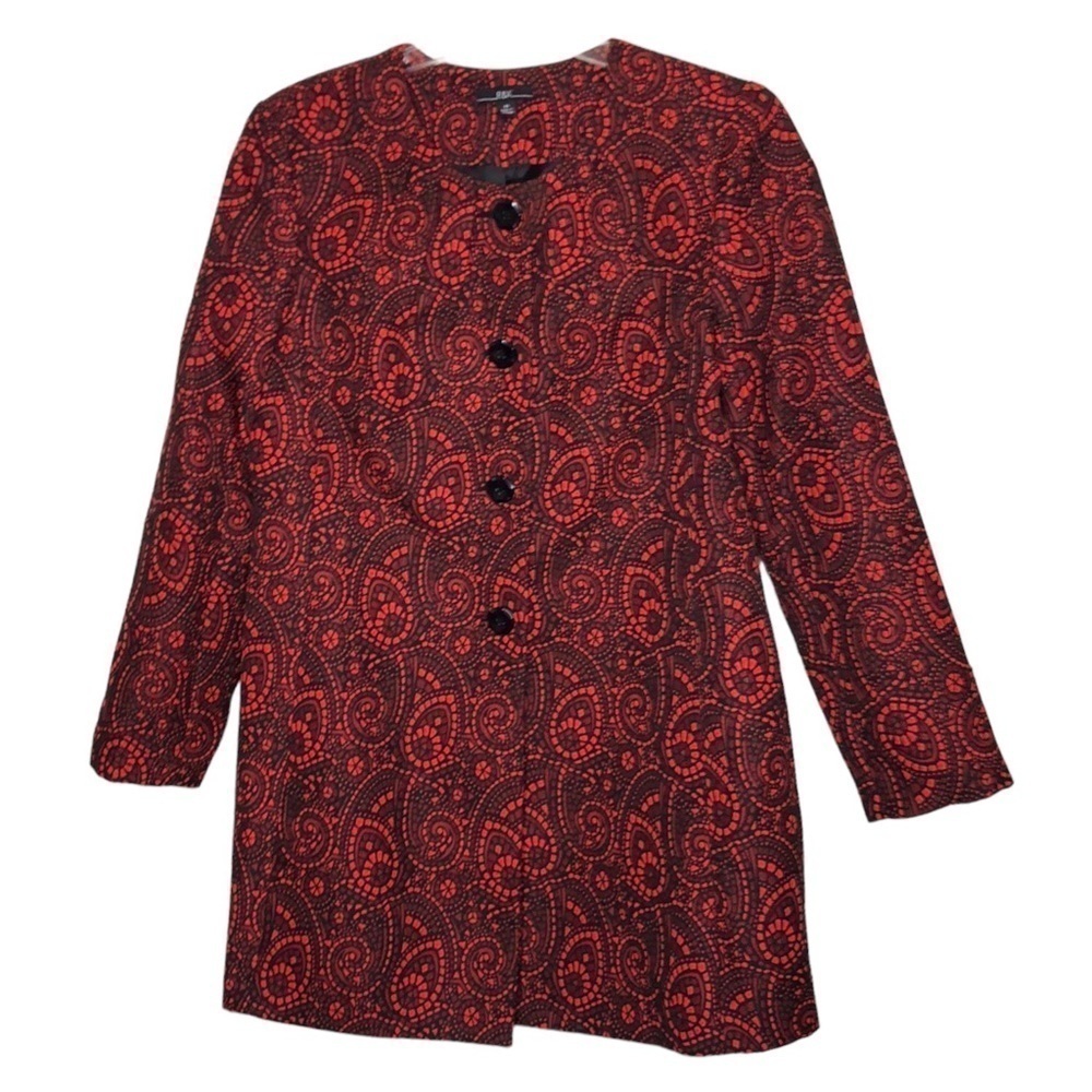 New - R & K Red & Black Stained Glass Paisley Longline Button Front Jacket - 14